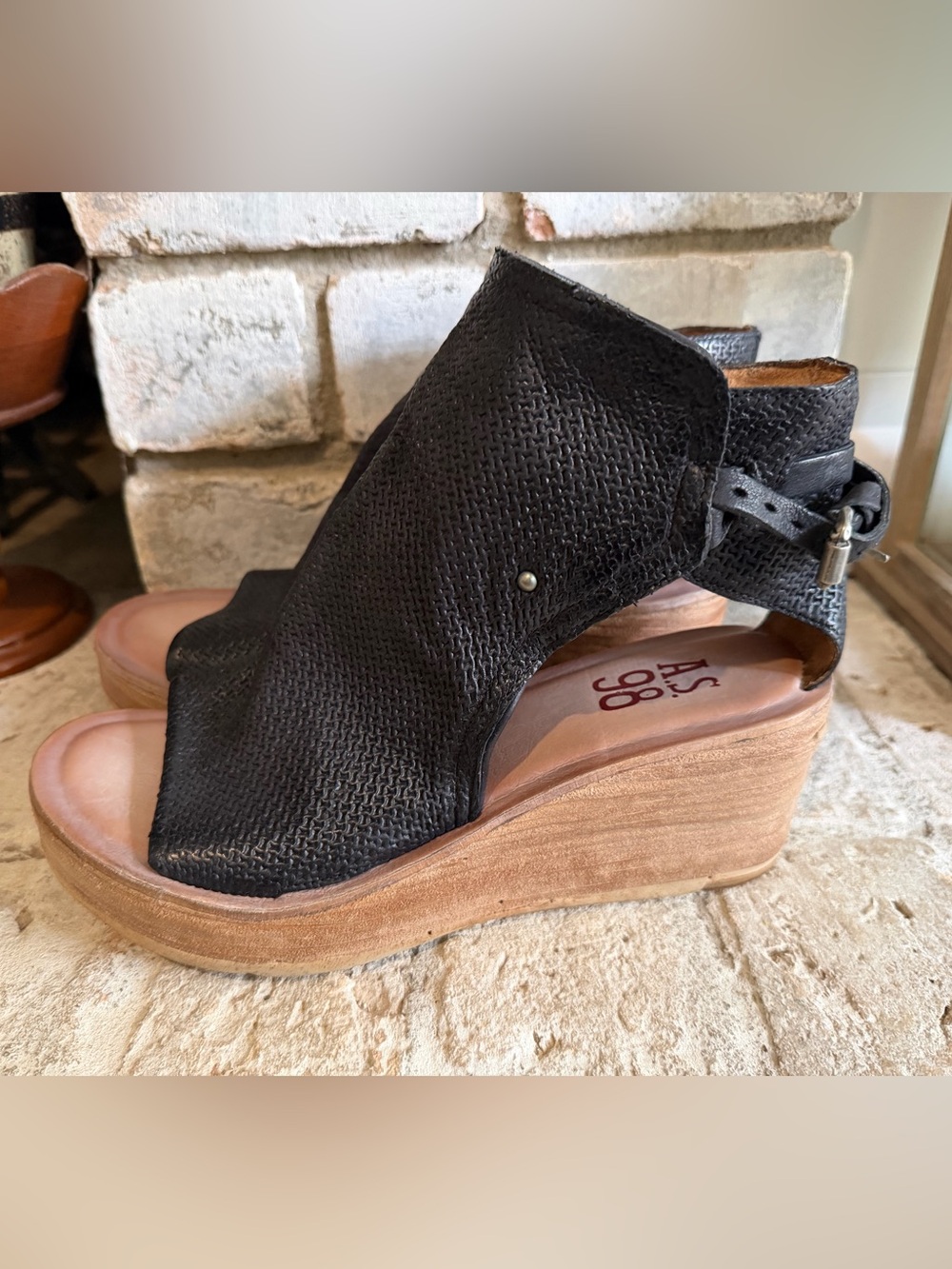 A.S.98 Black Woven Leather Platform Wedge Sandals